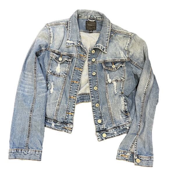 Klique B Womens‎ Denim Jean Jacket Sz S Trucker Y2K Western Cowgirl Distressed - Picture 1 of 5